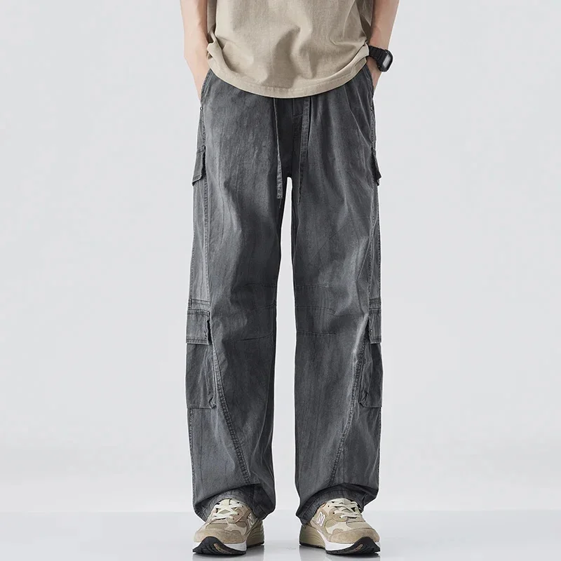 กางเกงสกปรกแฟชั่นแบรนด์หลวมขาตรงกว้างลําลองสินค้าญี่ปุ่นย้อนยุคหลายกระเป๋า