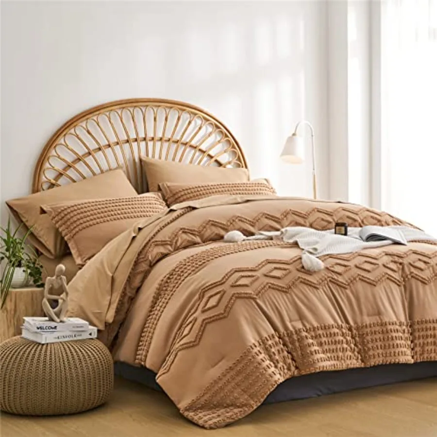 

Комплект постельного белья с тафтингом, размер King Size, 7 предметов, в стиле Shabby Chic Boho, с одеялом и простынями, с текстурой и помпонами, всесезонный.