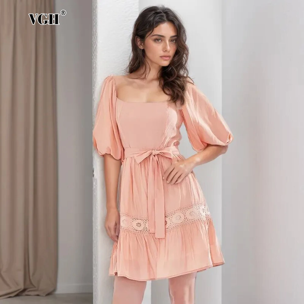 

VGH Hollow Out Patchwork Lace Up Elegant Dresses For Womeh Square Collar Puff Sleeve High Waist Solid Mini Dress Female Fashion