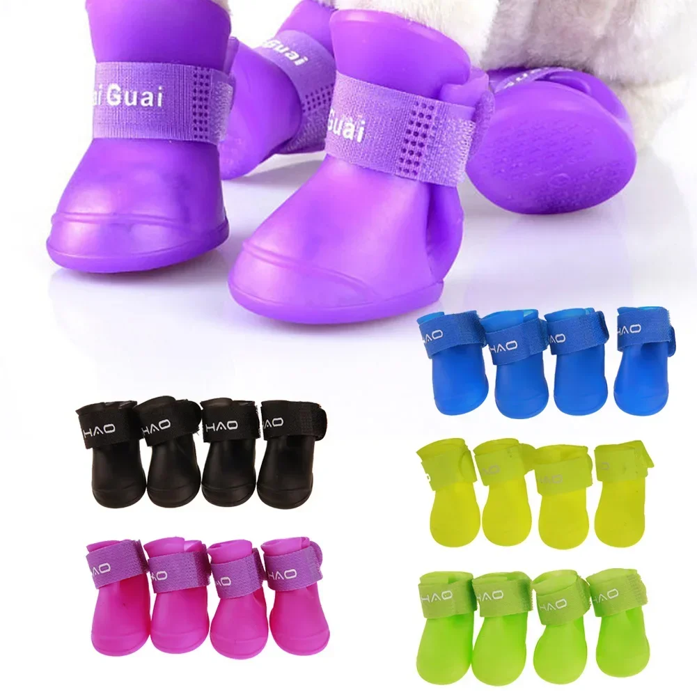 4pcs Soft Silicone Pet Rain Boots Anti-slip Wear-resistant Dog Rain Boots Jelly Color Outdoor Waterproof Shoes Pet Supplies