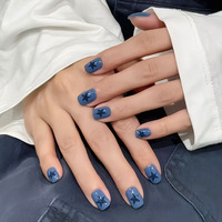 24Pcs Blue Fake Nails Short Square Head Press on Nails Y2K Star Designs Solid Color Full Cover False Nails Tips for Women