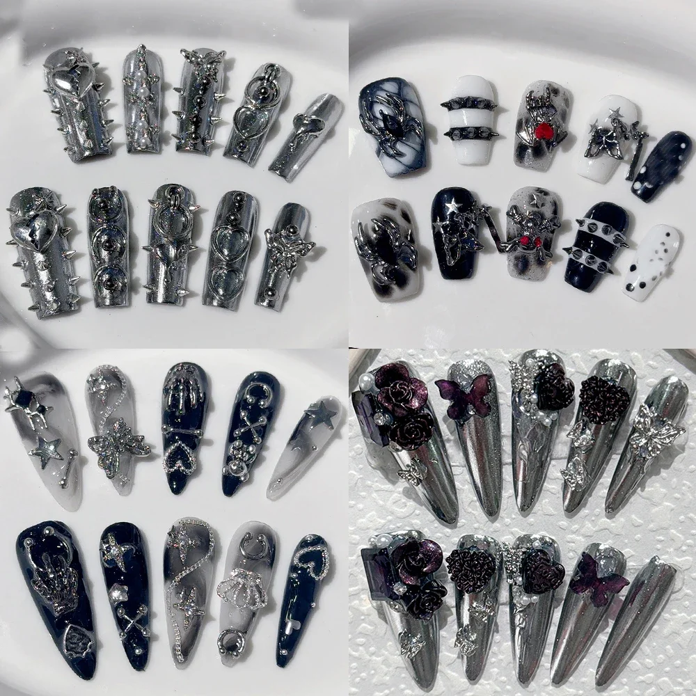 

Gothic Dark Spicy Girl Style Handmade False Nail Long Pointed Liquid Metal Rivet Purple Butterfly Rose Acrylic Nails Party Gift