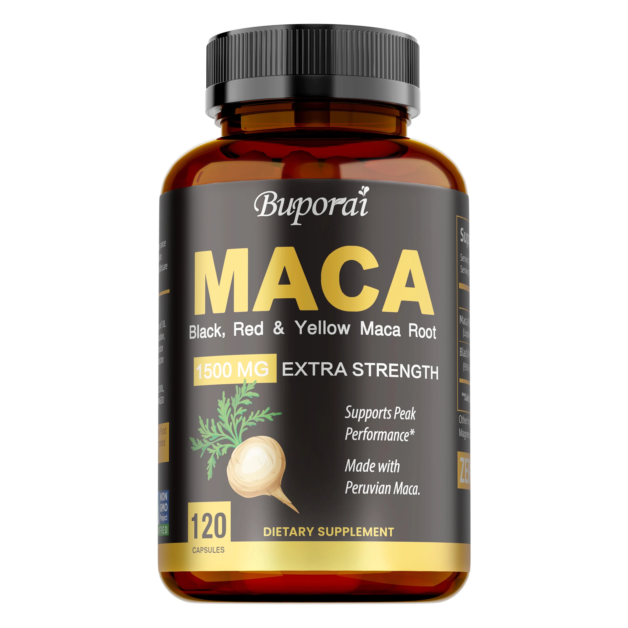 Organic Maca Root Powder Capsules with Black + Red + Yellow Peruvian Maca Root Extract Supplement for Men Women