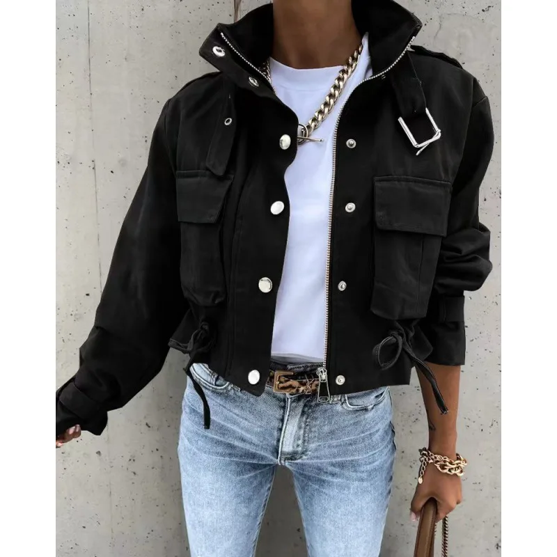 Abstract Print Long Sleeve Zip Up Biker Jacket Autumn 2023 Women Drawstring Pocket Button Coats Loose Short Jackets Work