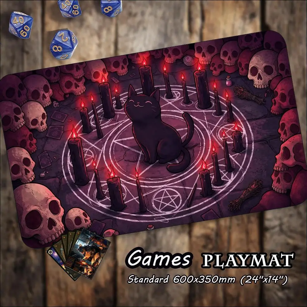 Oversized Black Cat Occult Circle TCG Pentagram Candle Skull Desk Anti-Slip Stitched Edge Rubber Backing Card Game Playpad