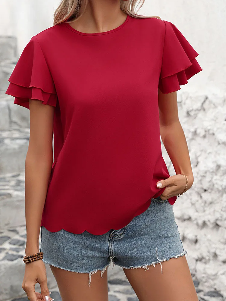 

New Women'S Double-Layer Ruffle Sleeves Solid Color Top For Summer
