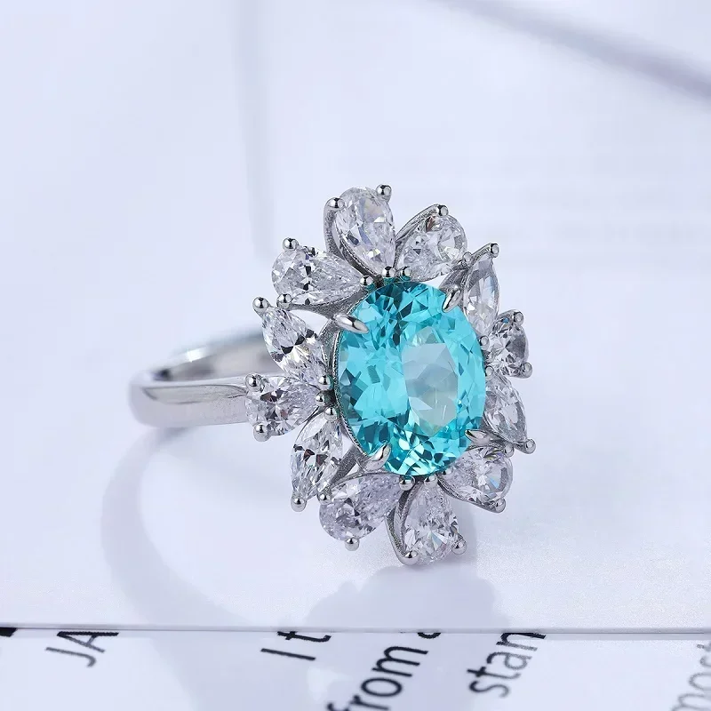 Ruihe New  Hot Sale 4.364ct Lab Grown Paraiba Sapphire Ring S925 Silver Engagement Women wedding rings