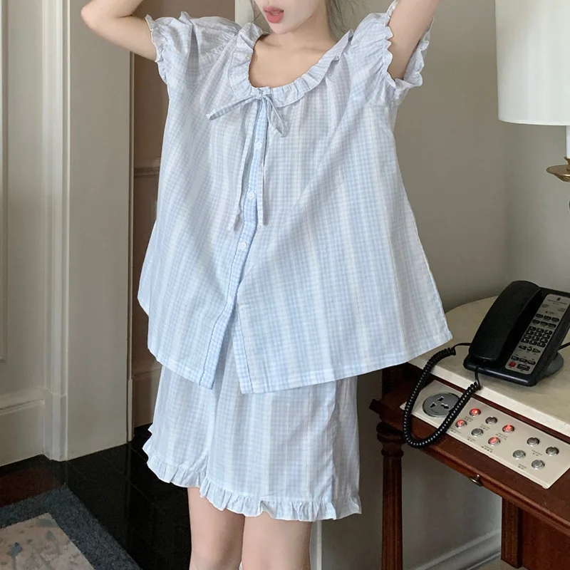 

Blue Plaid Pajamas for Women, New Summer Style, Fresh and Cute Short-Sleeve Doll Collar Casual Home Wear, Thin Summer Set