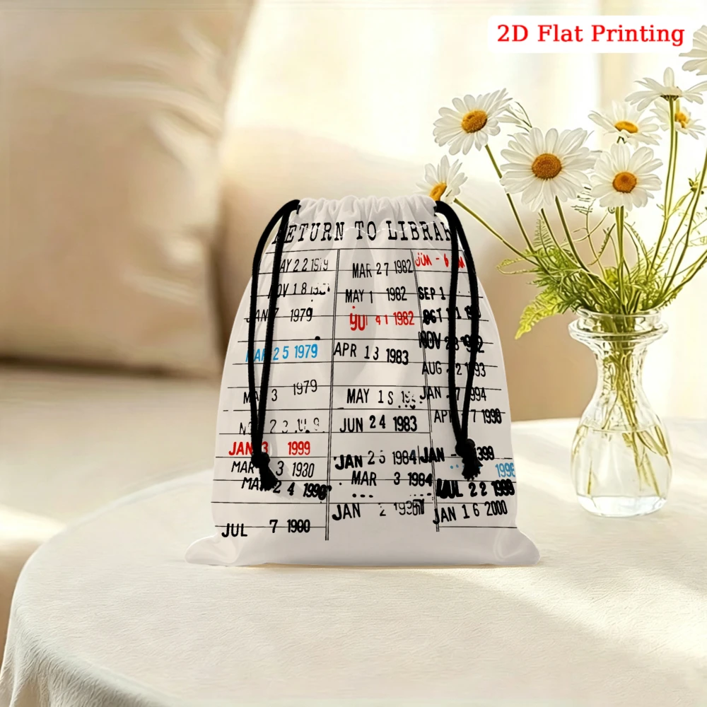 1pc Vintage Library Card Catalog Drawstring Bag White 2d Flat Printing Date Stamps Storage Small Pouch For Glasses Cosmetics Tra