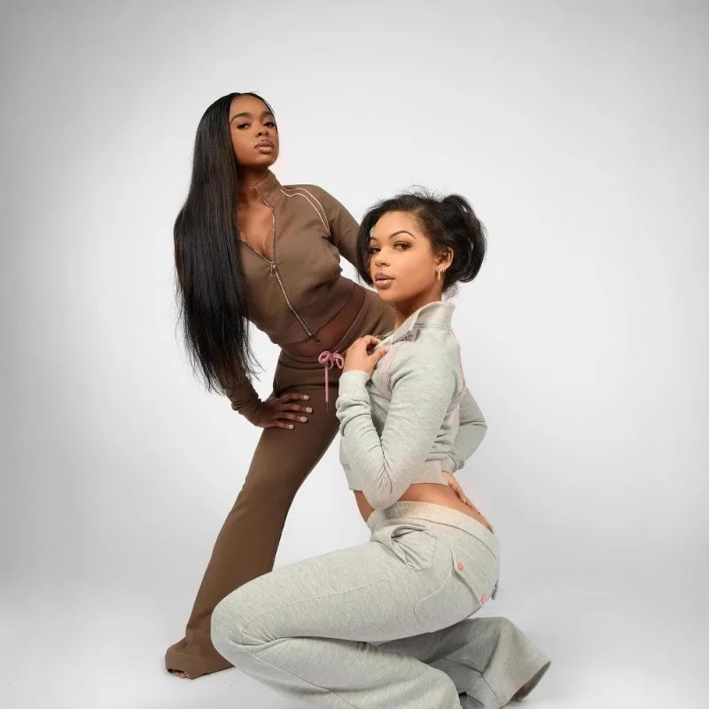 

2pcs Set Sporty Fashion Casual Women's Zip Up Crop Top and Flared Pants Loungewear Set for Home Outdoor Wear