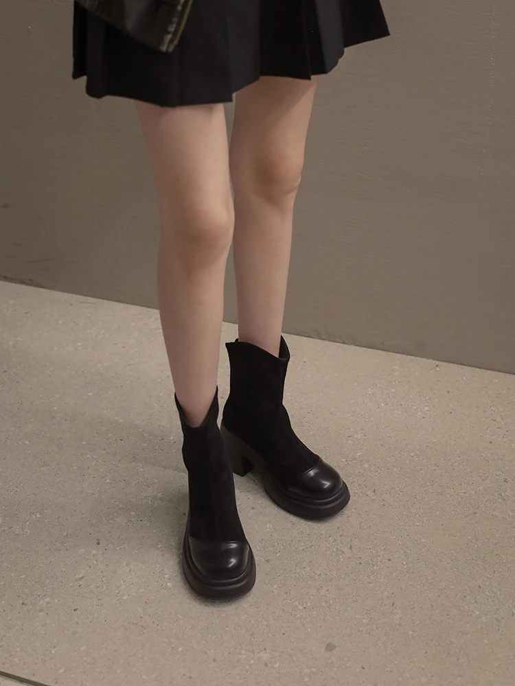 

White Ankle Boots Women Shoes Autumn Round Toe Boots-Women Zipper Low High Heel 2023 Ladies Rock Black Rubber Rome Fabric Flock