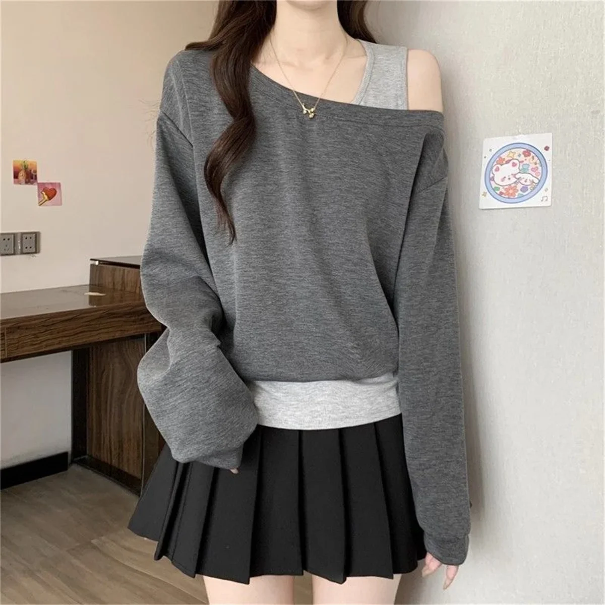 Neuer koreanischer Stil, langärmeliges, schulterfreies Charme-Sweatshirt für Damen, Übergröße, einzigartiges Design, vielseitiges Herbstmode-Oberteil – Detail 14
