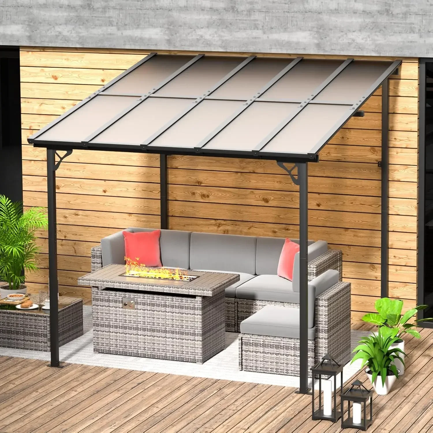 Gazebo de 10' x 10', elegante montado en la pared, presenta una captivadora pérgola en liquidación para su patio al aire libre