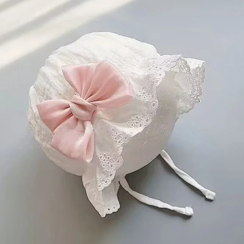 

Cute Newborn Baby Girls Hats Soft Bonnet With Bow Lace Ruffle Tied Up Princess Cotton Hat 0-12M