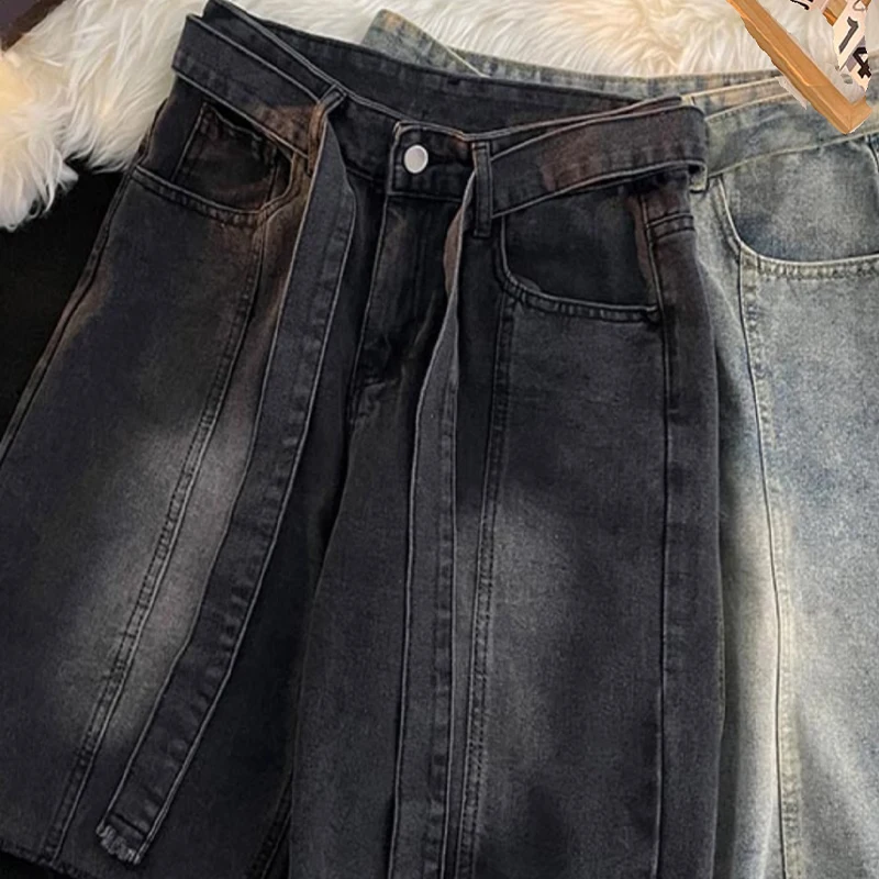 Pantalones cortos vaqueros con flecos finos de verano, pantalones informales holgados hasta la rodilla de calle japonesa, pantalones bonitos azules versátiles a la moda