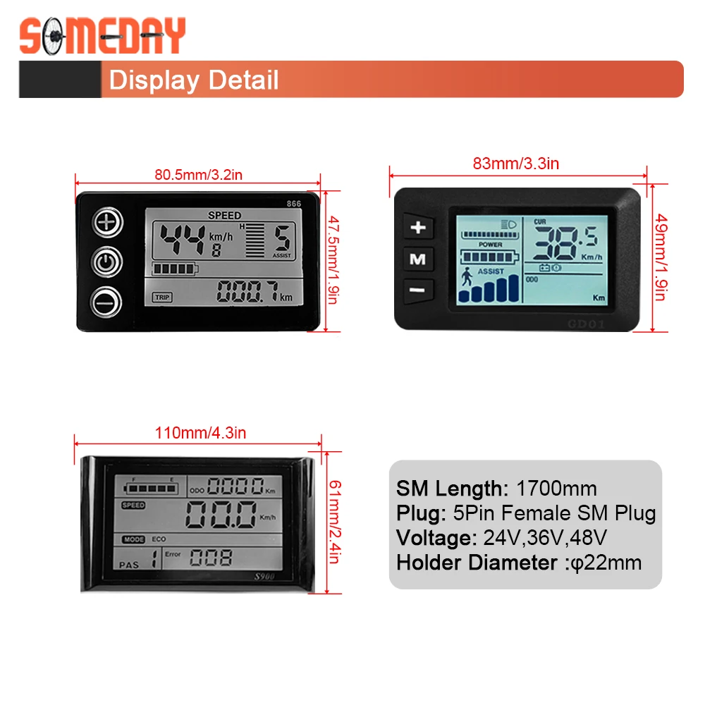 SOMEDAY Electric Bicycle 36V/48V 17A 26A 30A 3 Model Sinewave Controller S866 S900 GD01 LCD Display For 350W500W750W1000W Ebike