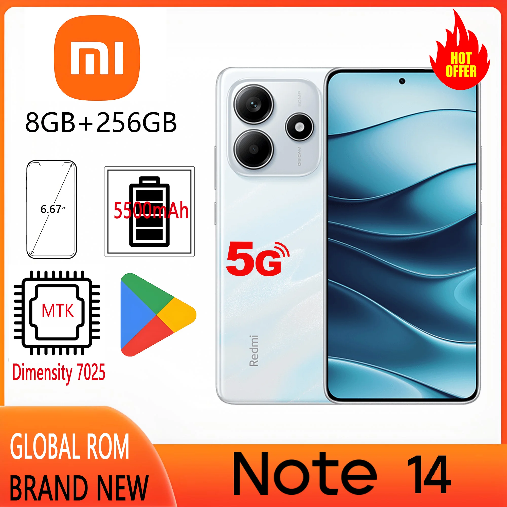 العلامة التجارية الجديدة الإصدار العالمي Xiaomi Redmi Note 14 Dimensity 7025 Ultra 5G Net 128GB 256GB 108MP كاميرا 6.67 'AMOLED عرض 5500mAh