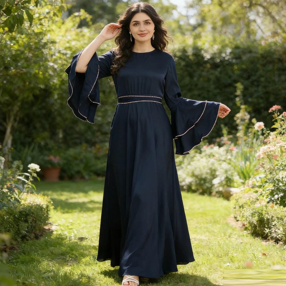 

Роскошное дубайское платье-абайя с расклешенными рукавами, мусульманское вечернее платье для женщин, джалабия, марокканский кафтан, исламская одежда, турецкий кафтан, платье-роба