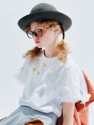 IMAKOKONI Original Design Short Sleeve White Pullover T-shirt Pure Cotton Mesh Splice 3D Decorative Top Women's 234048