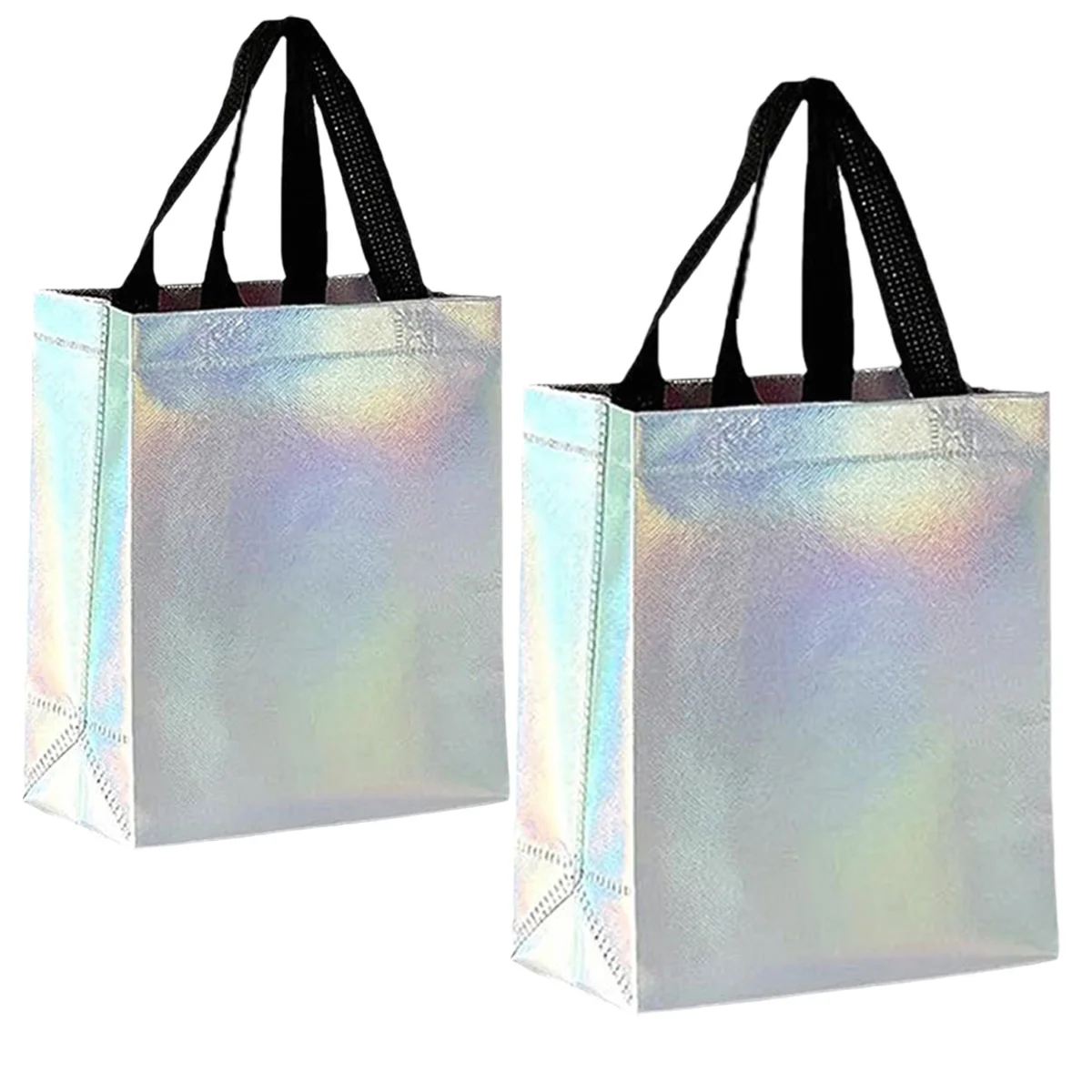 

4Pcs Iridescent Rainbow laser non-wovenReusable Holographic Gift Bags With Black Handles Goodie Bags Birthday Party Bags