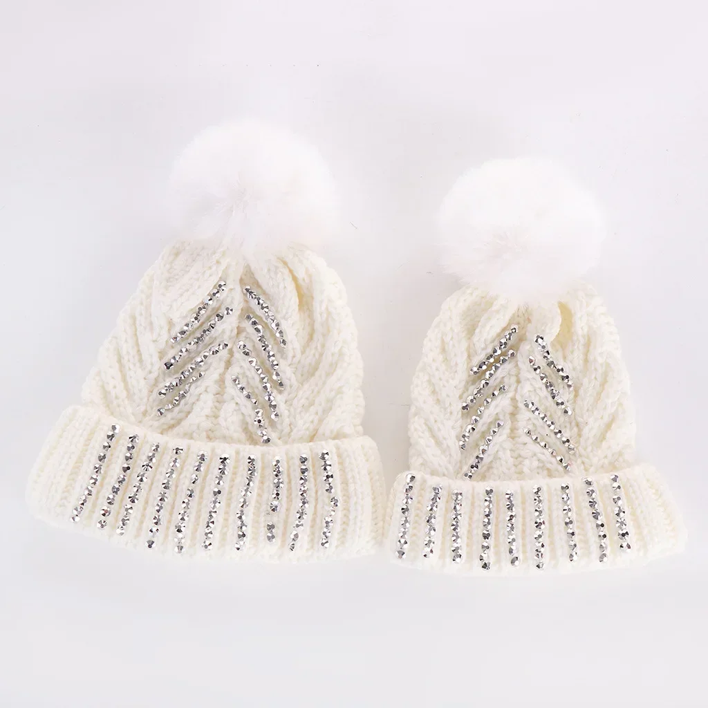 Famliy Matching Hats 2Pcs/Set Mother Kids Baby Child Warm Winter Knit Beanie Fur Pom Hat Crochet Ski Cap Diamonds Soft Solid Hat