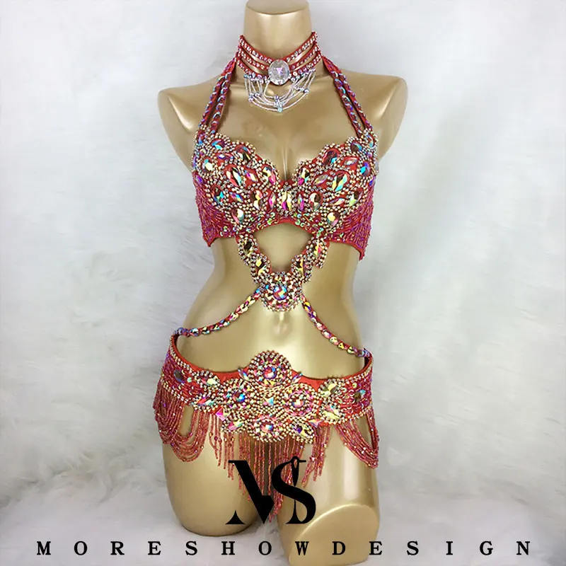 Belly Dance Performance Costumes Bra and Belt 2 Pieces Set for Women Handmade Sequins for Night Club Oriental Performance Props