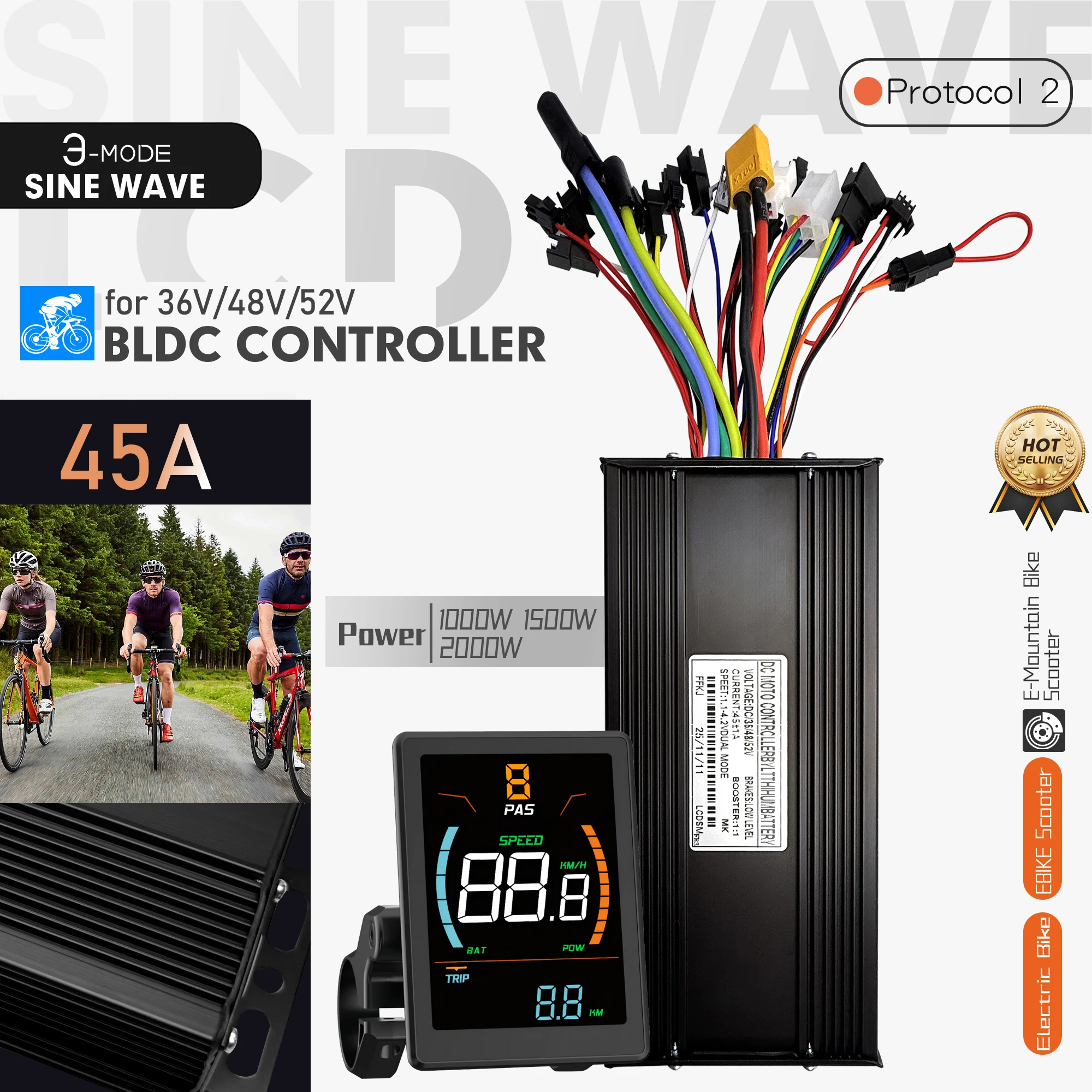 

36V/48V/52V E-bike Sine Wave 45A 1500W/2000W Three Mode Brushless Controller with DZ32 Display For Electric Bike Scooter Parts