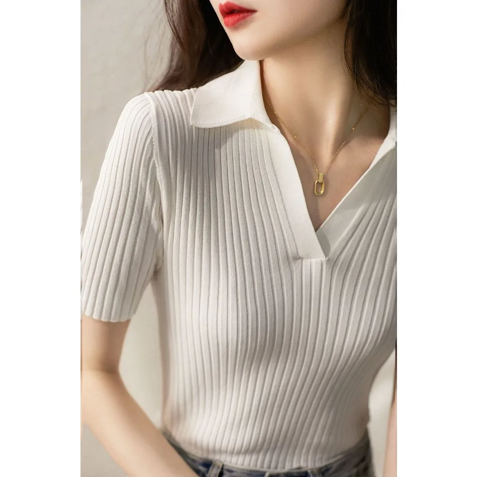

Polo Neck Top Rayon Short-sleeved T-shirt Women's New Stylish Layer Knitwear Slim Top Versatile Golf Shirt Harajuku T Shirts