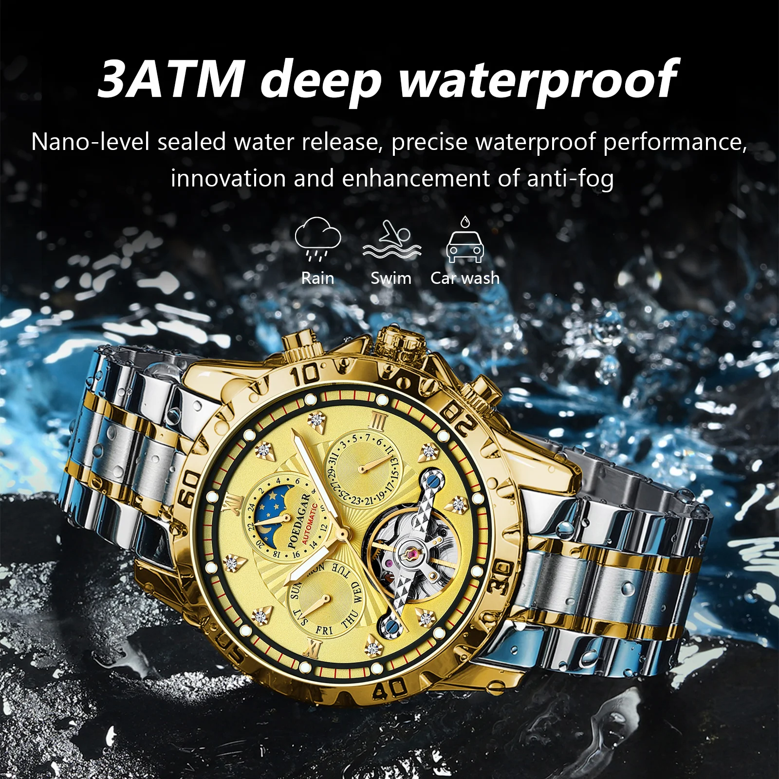 POEDAGAR Luxury Automatic Mechanical Watch Tourbillon Waterproof Luminous Date Week Men Wristwatch Stainless Steel Men\'s Watches