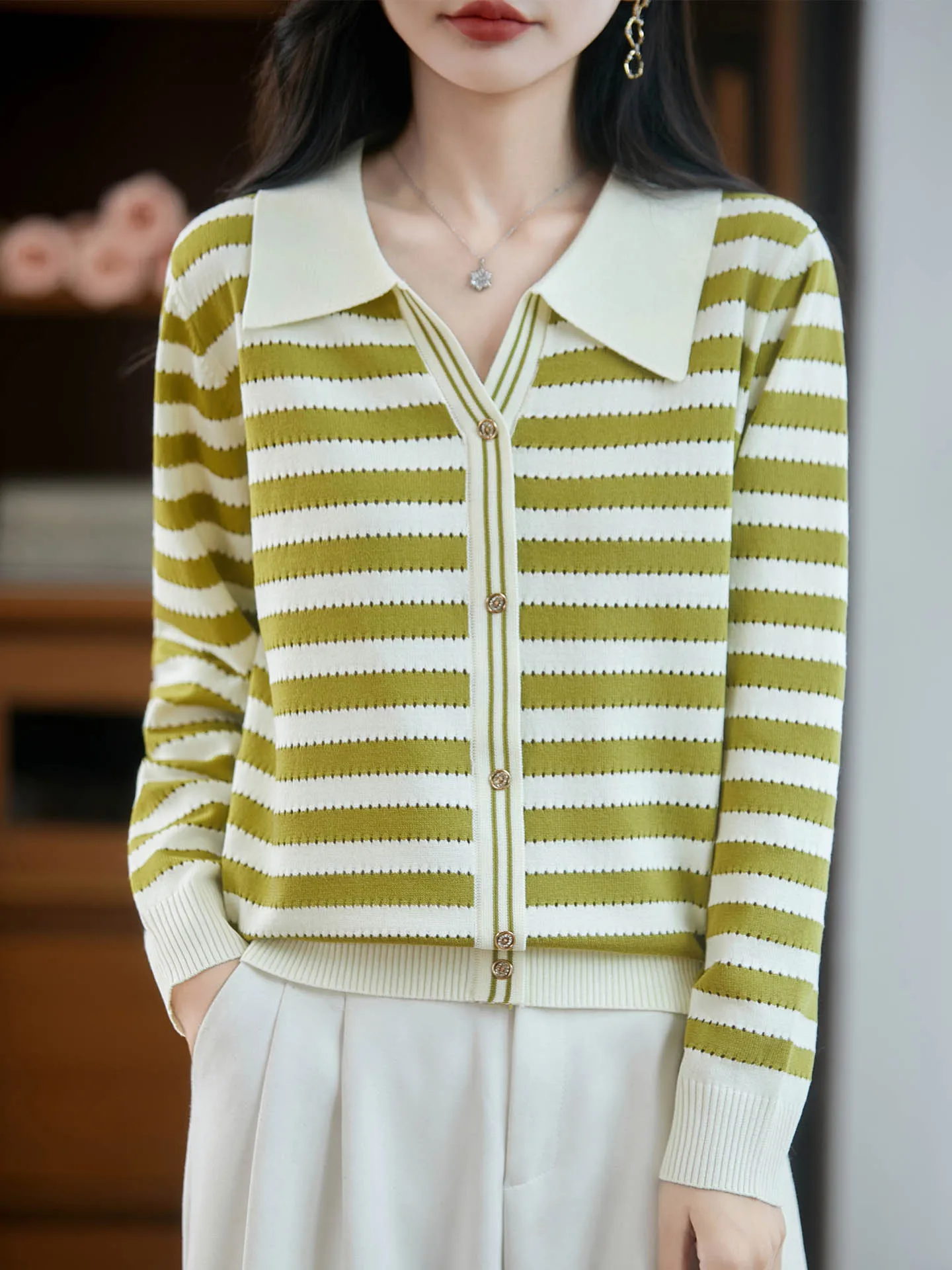 

Мягкий женский кардиган из 100% мериносовой шерсти с лацканами и пуговицами, трикотаж в полоску, кашемир, осень-зима, повседневный топ с длинными рукавами для отдыха