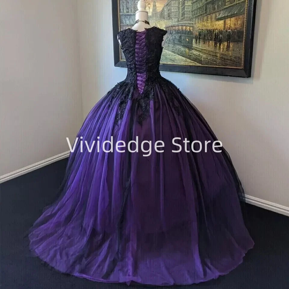 Customized  Gothic Wedding Dresses Purple and Black Bridal Gowns Sleeveless Corset Back Plus vestidos de novia de talla grande