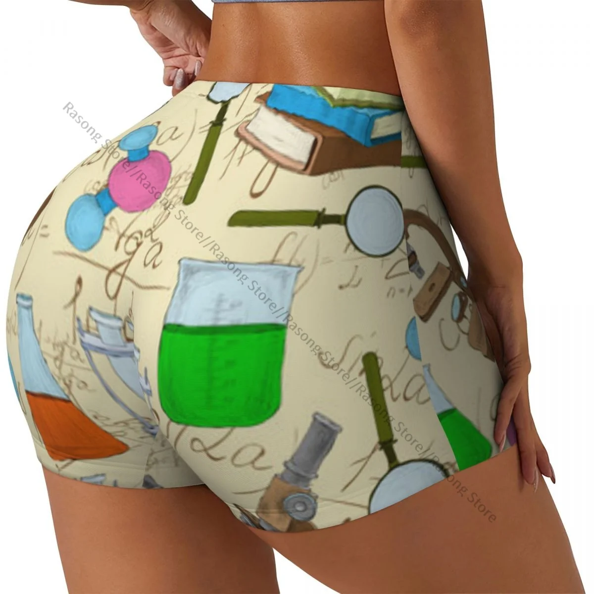 女性用ヨガショーツ カラフルなスケッチブック 顕微鏡の図面 クリーミーバック スクランチ戦利品 バットリフティング コンフォート フィットネス ジム