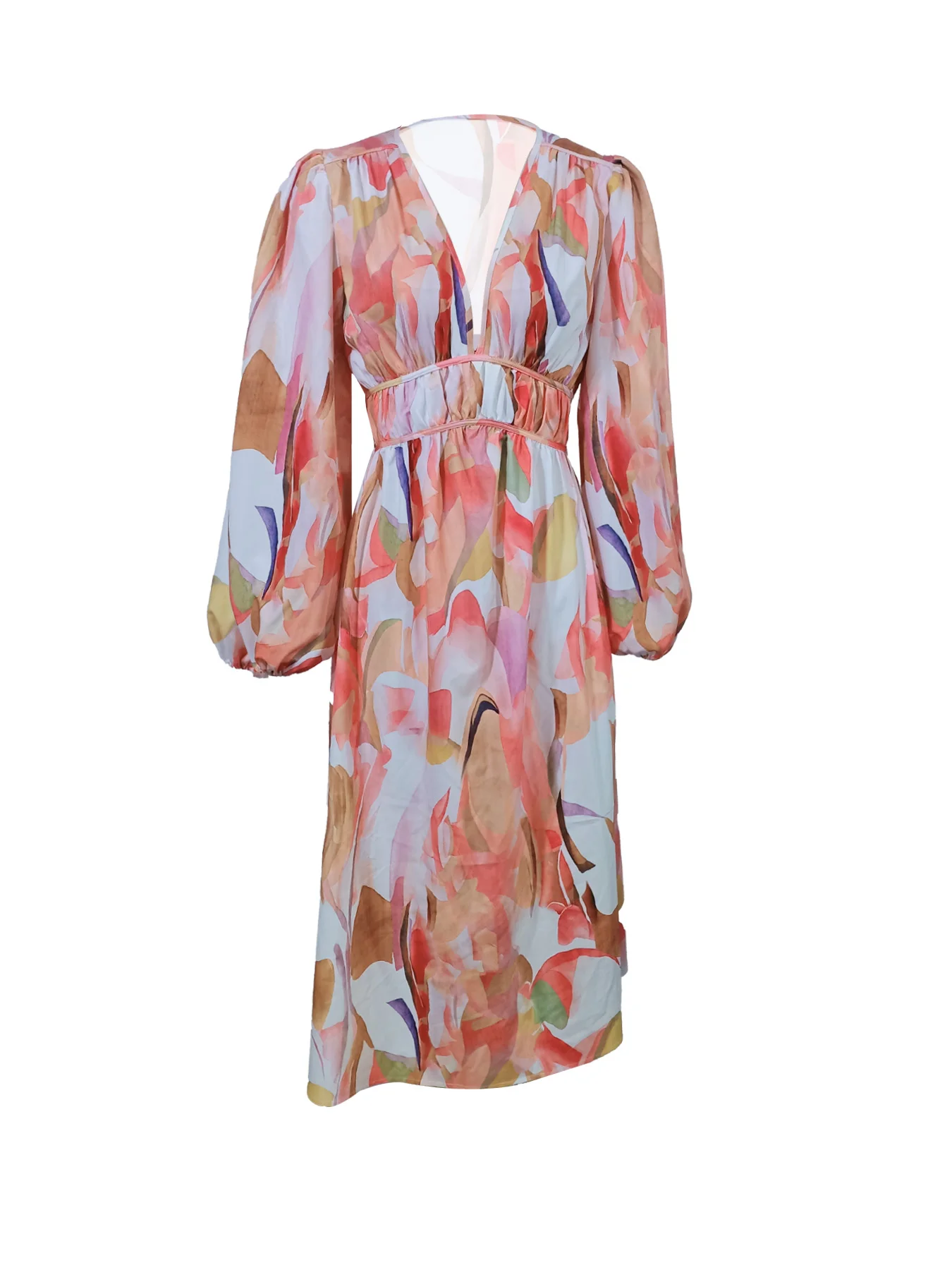 Bunte Kleider für Damen, Frühling und Sommer, abstrakter Kunstdruck, tiefer V-Ausschnitt, Puffärmel, gesmokte Taille, Midi-Urlaubskleid