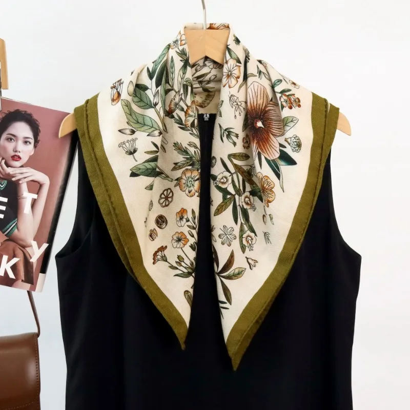 Premium Silk Wool Square Scarf Double Sided Different Color Ladies Autumn Winter All Match Small Neck Tie Neckerchief Accessory