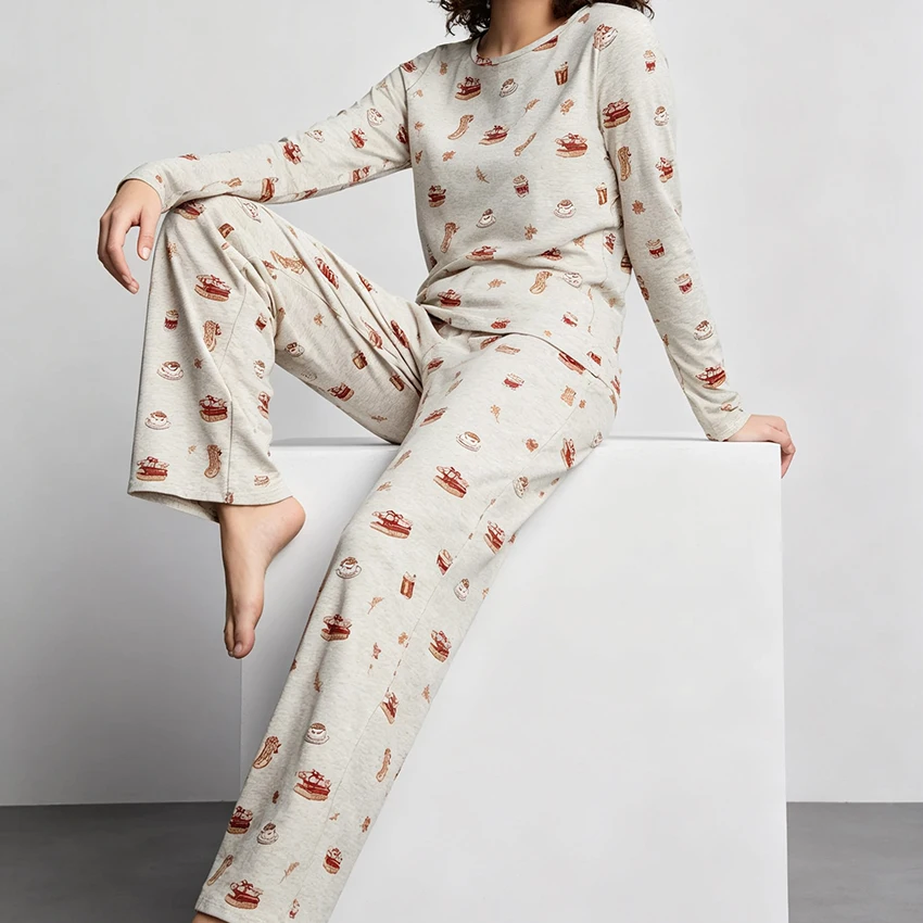 HiLoc Printing Cute Knitted Elastic Women Pajamas 2-Piece Long Sleeve Round Neck Top Elastic Waist Full Length Pants Autumn 2026
