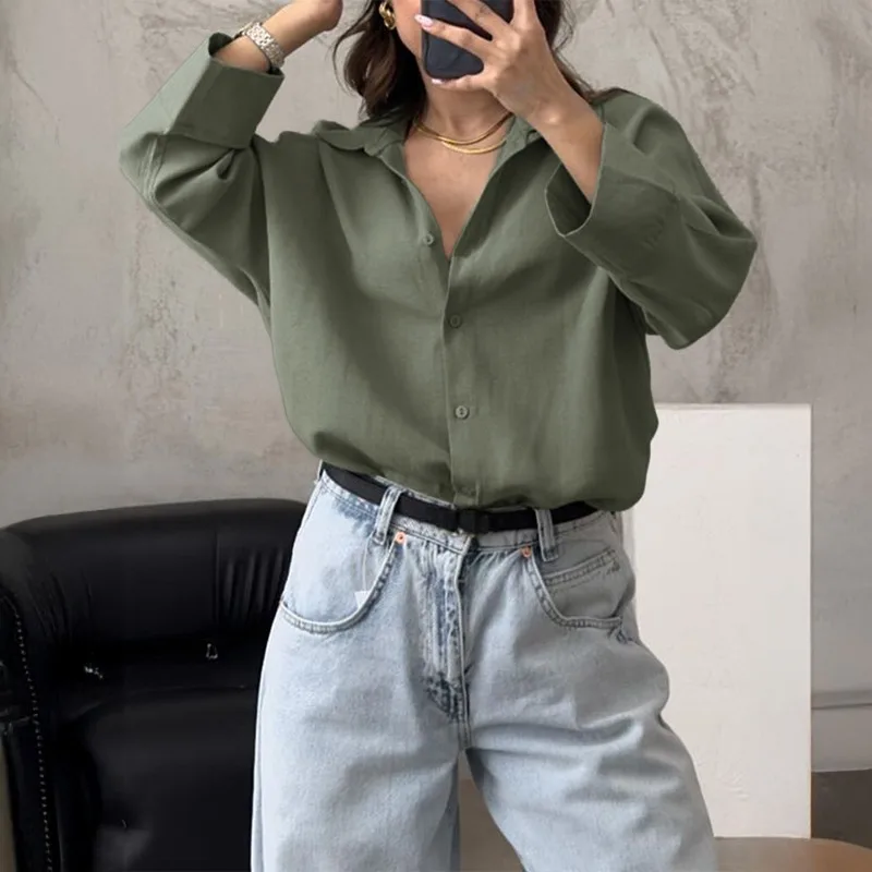 Elegante camicia cardigan a maniche lunghe Baita da donna con risvolto autunnale e invernale, top ampio e versatile