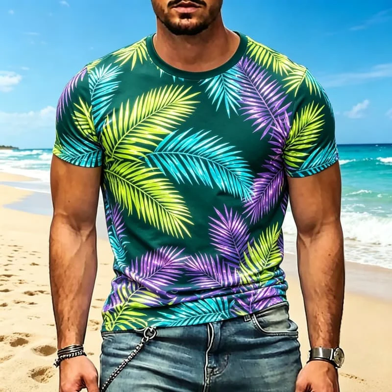 Neon Tropical Floral and Leaf Print T-Shirt, Casual Crew Neck for Men,  for  Beach Parties, Festivals and Stylish Everyday Wear