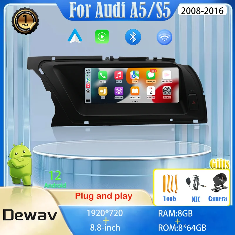 

8.8''Android12 For Audi A5/S5 2008-2016 Multimedia Player Car Radio Wireless Carplay And Auto Original Car OEM Menu GPS LHD RHD