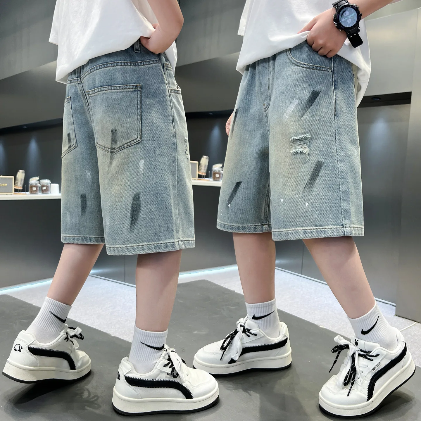 2026 Summer Thin Boys Denim Shorts Ripped Graffiti Five-point Pants Big Kids Trendy Streetwear Casual Cowboy Cropped Trousers