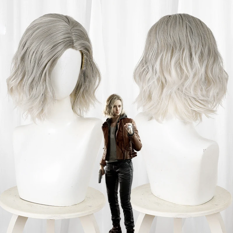 Resident 9 Evil Grace Ashcroft Cosplay Wig 35cm Platinum Gradient Hair Curly Short Wig For Women Daily Halloween Party Prop