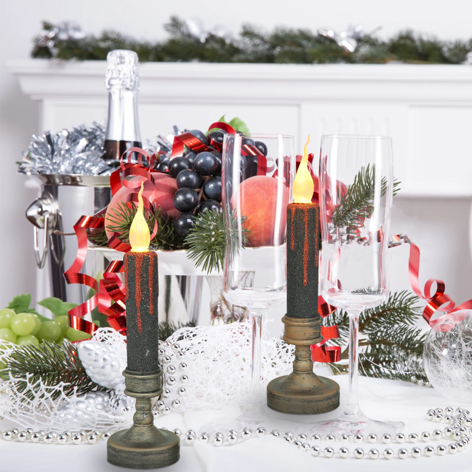 قطعتان من شموع الشمع LED عديمة اللهب، ضوء أصفر وامض، شمع مزيف واقعي، شكل ممزق، ضوء ليلي للهالوين #1