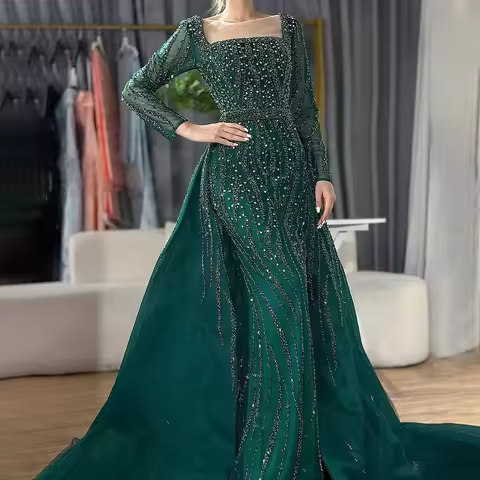 SERENE HILL Customized Arabic Green Overskirt Mermaid Beaded Evening Dress Luxury Gown 2026 Occasion CLA72710