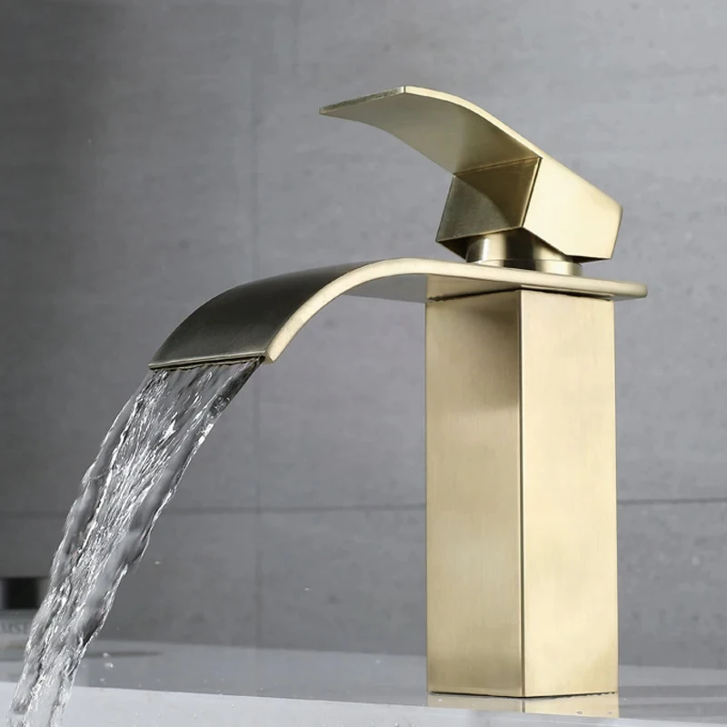 

Waterfall Basin Faucet Deck Mounted Stainless Steel Brushed Gold Sink Tap Hot & Cold Water Mixer Bathroom Vanity Vessel Faucets