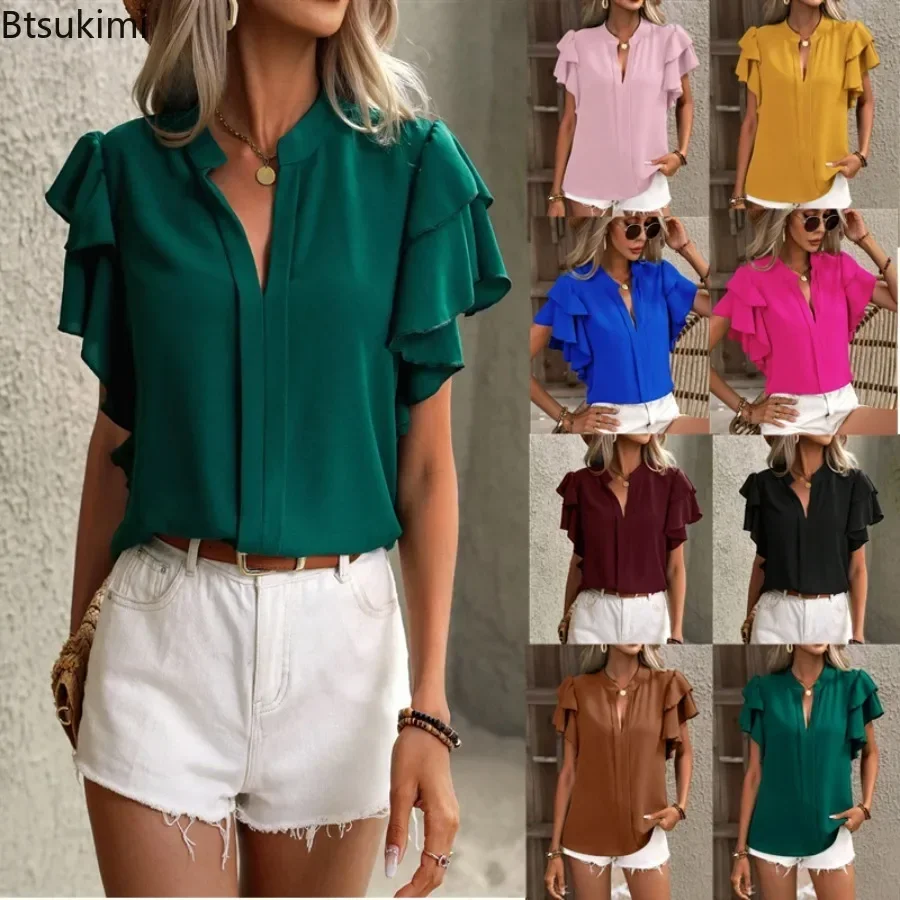 

2025 Women's Summer Casual Shirt Top Solid V-neck Short Sleeved Pullover Office Lady Ruffle Sleeve Casual Blouse Women Tops