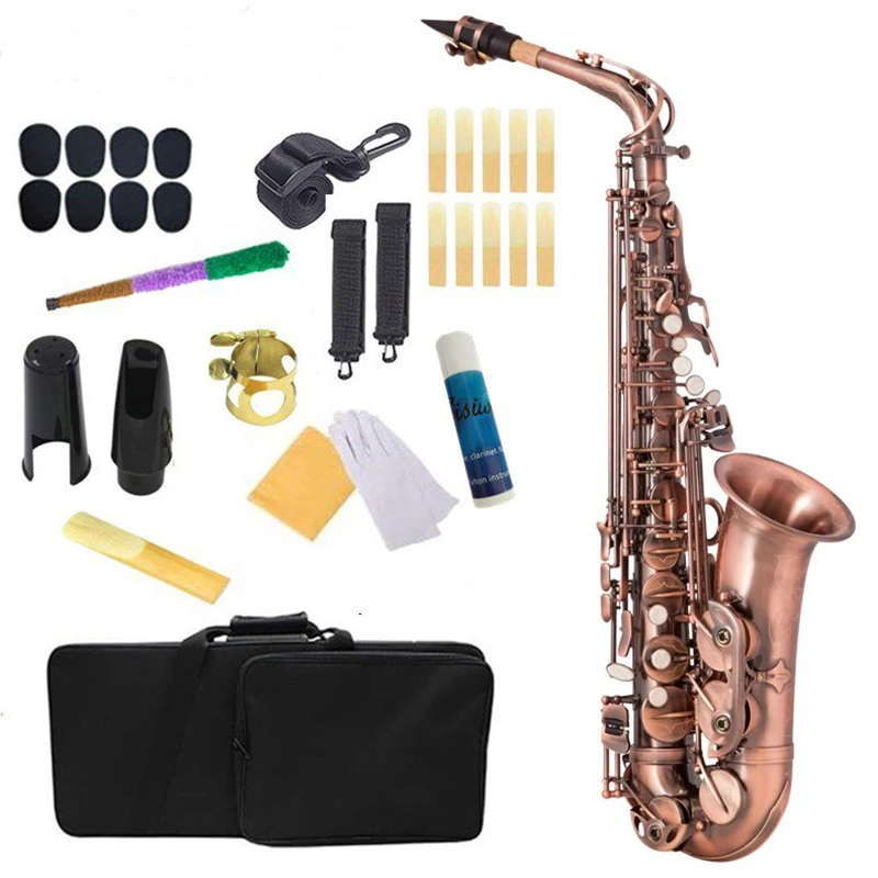 

High Grade Red Bronze Bent Eb Alto Saxophone E-flat Sax Carved Pattern Woodwind Instrument with Carry Case