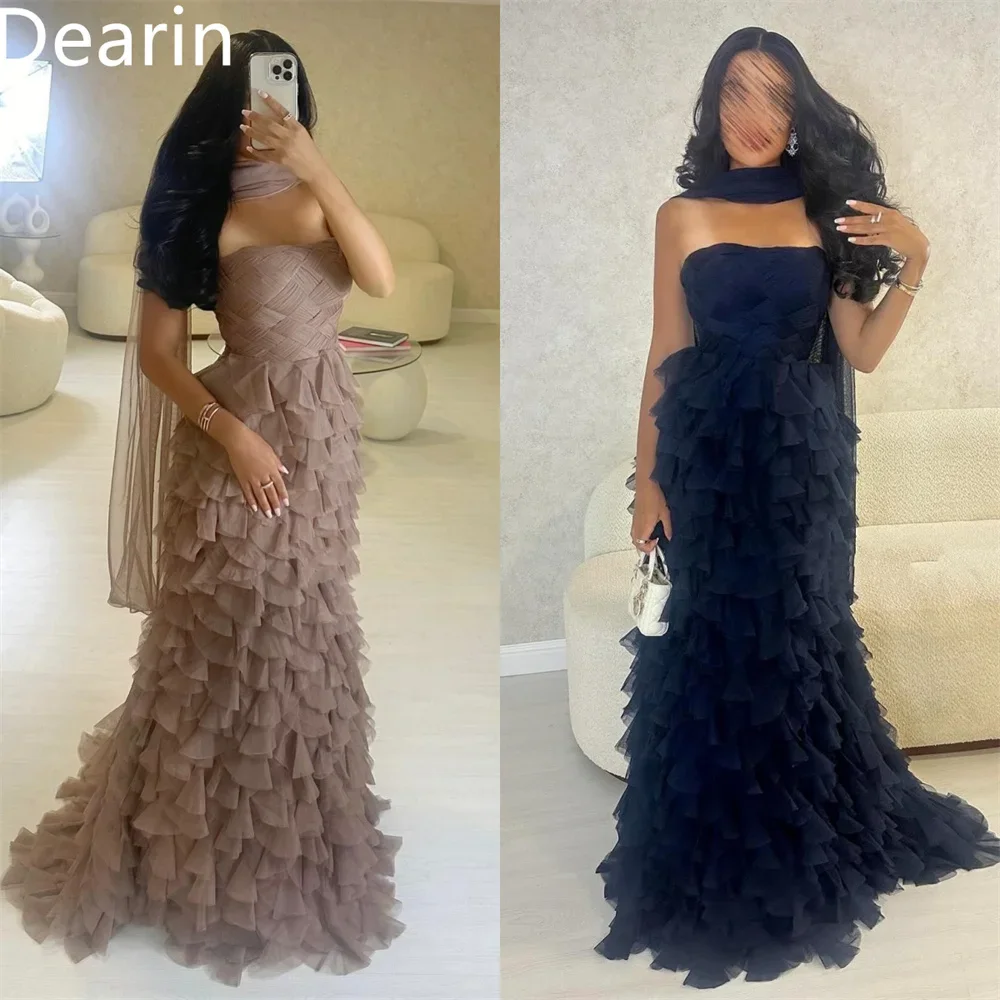 

Customized Formal Gown Dearin Strapless Mermaid Floor Length Skirts Tulle Sleeveless Flouncing Bespoke Occasion Dresses Saudi Ar