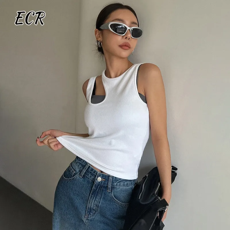 

ECR Minimalist Hollow Out T Shirts For Women Round Neck Sleeveless Solid Slimming Casual Summer T Shirt Female Fashion Clothing