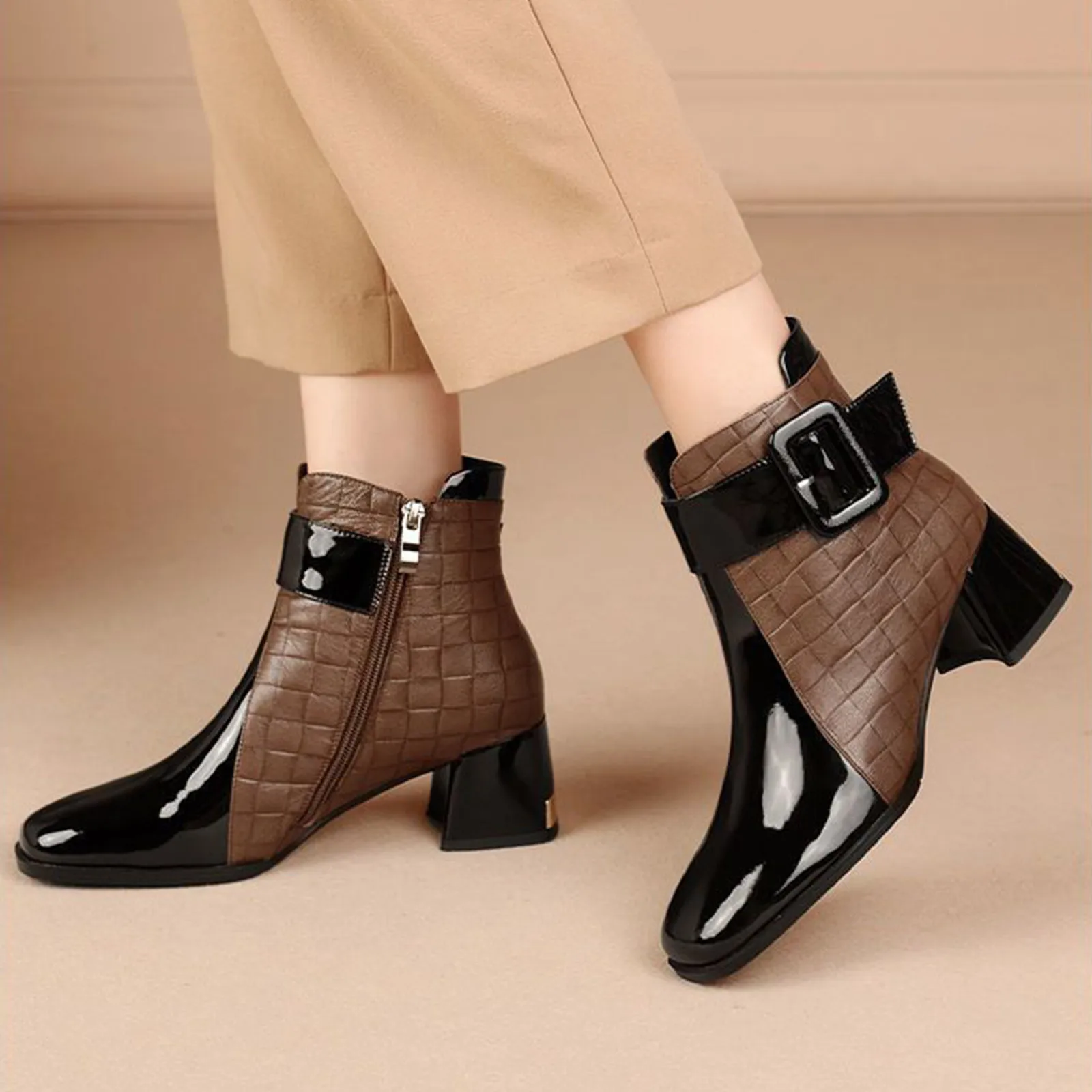 Damskie buty za kostkę Grube obcasy Platforma Krótkie buty Jesień Nowe Damskie Pu Leather Shoes Retro Buckle Work Shoes Botas De Mujer