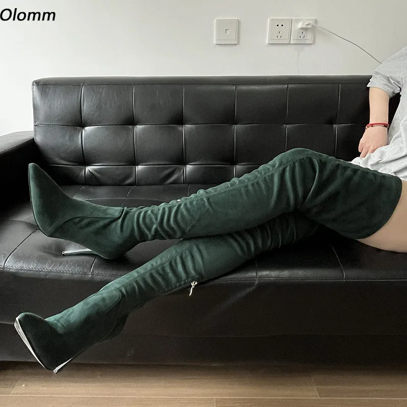 

Olomm High Quality Women Spring Thigh Boots Sexy Stiletto Heels Pointed Toe Dark Green Party Shoes Ladies Plus Size 35-47