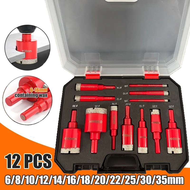 

12 шт., набор сверл с алмазным покрытием, 6-35 мм, набор кольцевых пил для стекла, мрамора, гранита, камня, плитки, керамики - ручные инструменты